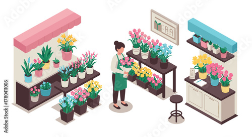 Isometric flower shop scene with florist arranging colorful blooms in modern interior