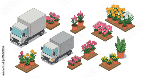 Isometric delivery trucks and potted flowers on pallets in warehouse setting