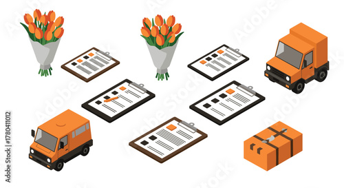 Isometric delivery trucks, tulip bouquets, clipboards, and parcel scene