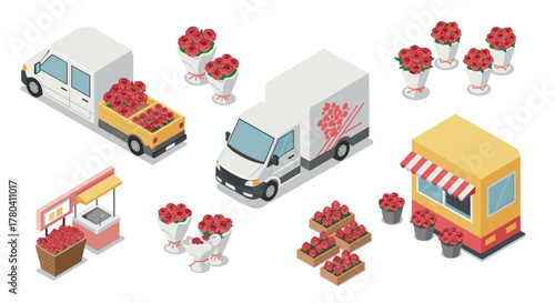 Isometric flower delivery and market scene featuring trucks and flower stalls