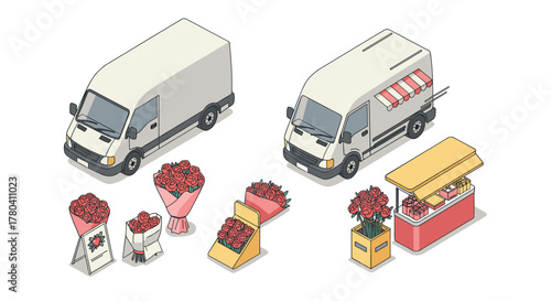 Isometric flower delivery trucks and stalls with bouquets and arrangements