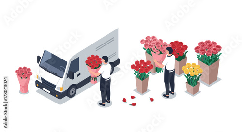 Isometric flower delivery concept with workers arranging rose bouquets by a truck