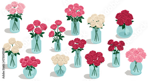 Elegant collection of isometric rose bouquets in glass vases on white background