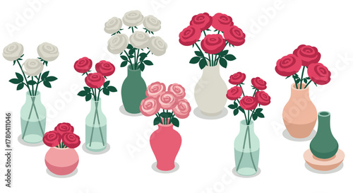 Elegant floral arrangement in isometric style with colorful roses in vases
