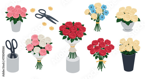 Elegant floral arrangements and bouquets with scissors in isometric style