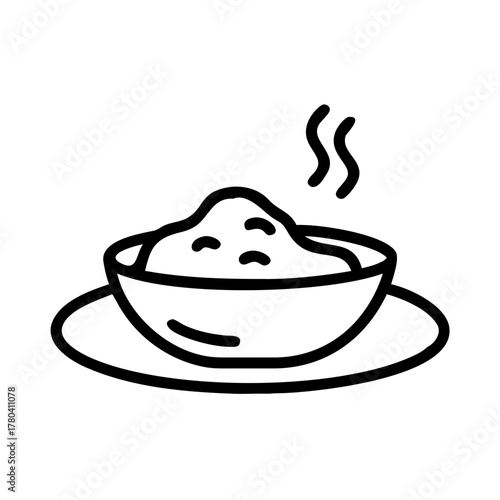 Black line illustration of a curry bowl with food