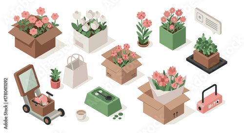 Isometric indoor gardening stylish home plant arrangements and packaging