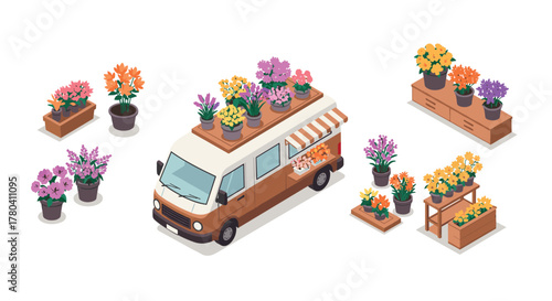 Colorful flower market van with potted plants in isometric style