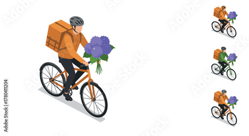 Isometric delivery cyclist carrying flowers in orange uniform with helmet