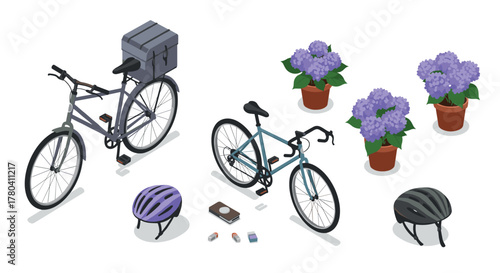 Isometric bicycle setup with helmets and flowers on white background