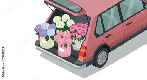 Isometric car trunk loaded with colorful flower pots on a white background