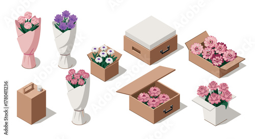 Isometric floral arrangements and gift boxes with colorful flowers