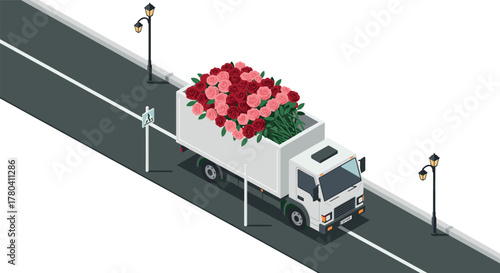 Isometric flower delivery truck on city street with roses