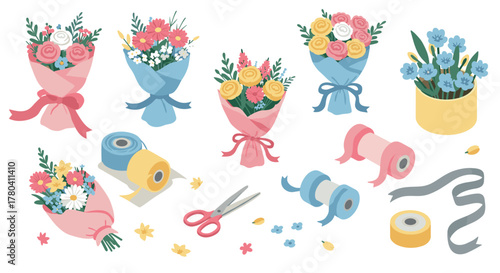 Charming floral arrangements and tools for crafting delightful bouquet designs