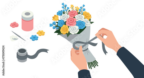 Isometric floral bouquet assembly with ribbon and decorative tools
