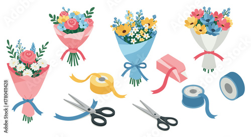 Colorful floral bouquets and craft materials in isometric style