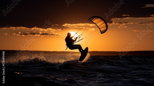 A silhouette of a person kitesurfing against a fiery sunset, leaping over waves, the kite catching the golden light