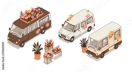Floral delivery vans and potted plants in isometric autumn style
