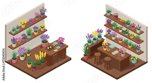Cozy isometric flower shop interior with shelves of vibrant potted plants and wooden counter