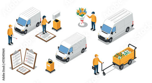 Efficient delivery service scene with isometric vans and workers handling parcels and flowers