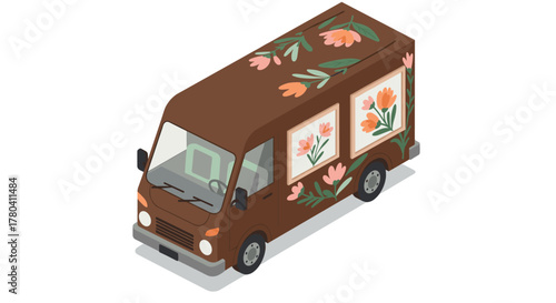Charming floral delivery truck in isometric style with blooming designs