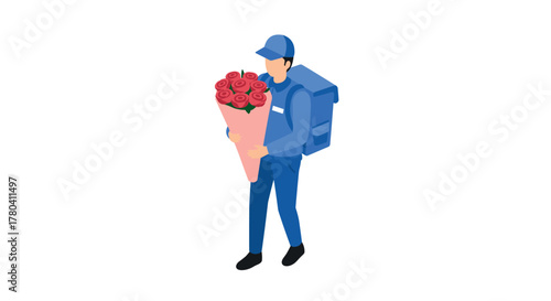 Isometric delivery person with roses in a blue uniform delivering flowers