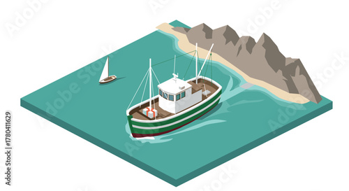 Isometric fishing boat in calm waters near rocky island with sailboat