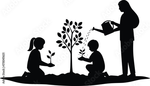 Tree planting, environmental care, teamwork, nature conservation, people gardening, watering plants, outdoor activity, eco-friendly lifestyle, sustainability, black silhouette vector illustration