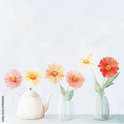 Wallpaper Mural Porcelain tea kettle vase with pastel daisy flowers in glass jars, soft watercolor style Torontodigital.ca