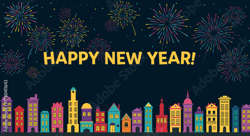 Colorful city skyline with fireworks and Happy New Year text