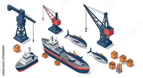 Isometric port scene with cargo ships, tuna fish, and cranes in a harbor setting
