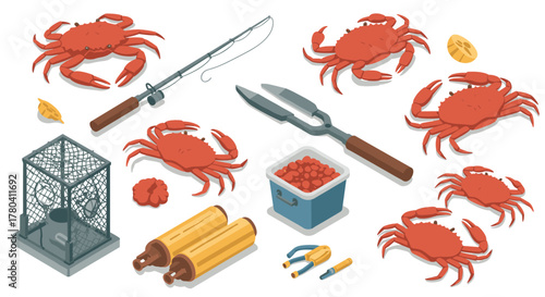 Isometric crab fishing tools and catch with seafood elements on white background