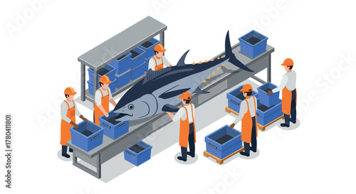Isometric tuna processing concept with workers in orange uniforms at fish factory