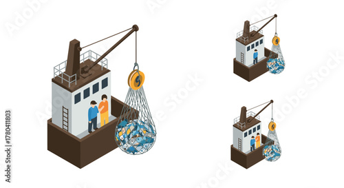 Isometric fishing boat with crew and fish in net at sea