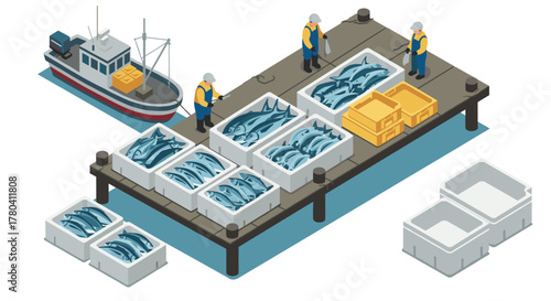 Fishing dock with workers and fish crates isometric scene