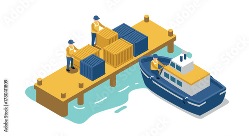Cargo operations on dock with workers and shipping boat in isometric style