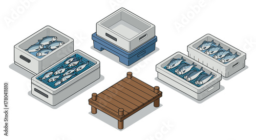Isometric fresh fish boxes and wooden dock display for seafood market design
