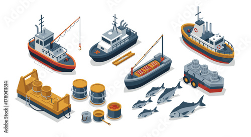 Isometric fishing and cargo boats collection with marine equipment and fish