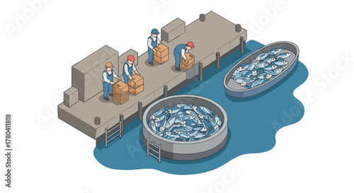 Isometric fishery dock with workers loading boats full of fresh fish