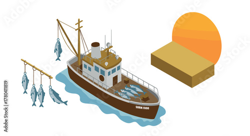 Isometric fishing boat at sea with fresh catch and sunset horizon