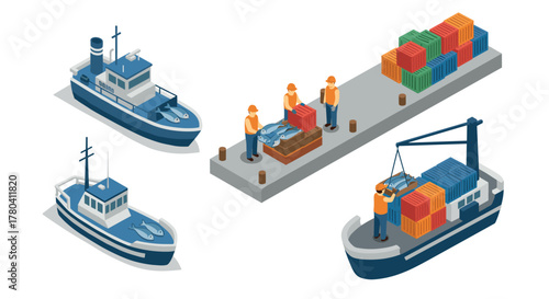 Isometric harbor scene with fishing boats and workers handling cargo containers