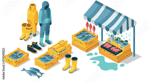 Isometric fish market scene with fresh seafood and rain gear display