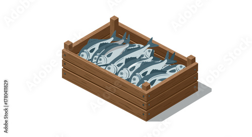 Isometric box of fresh fish on white background
