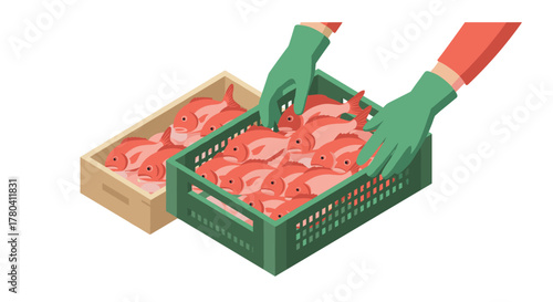 Isometric fresh seafood market with red fish in crates and green gloves