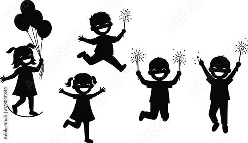 Happy children silhouette with balloons and sparklers, festive celebration, dancing kids, joyful party scene, black vector art for event themes