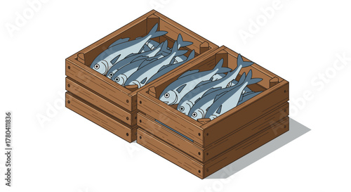 Wooden crates filled with fish in isometric style
