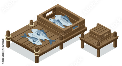 Isometric fish market on wooden pier with fresh catch and storage crates