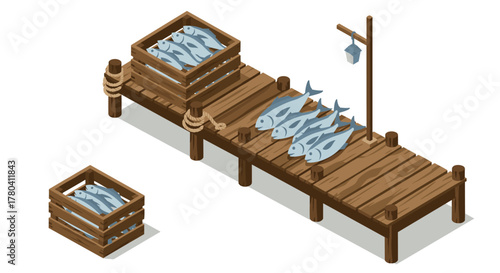 Isometric fishing pier with wooden crates and fresh fish on display