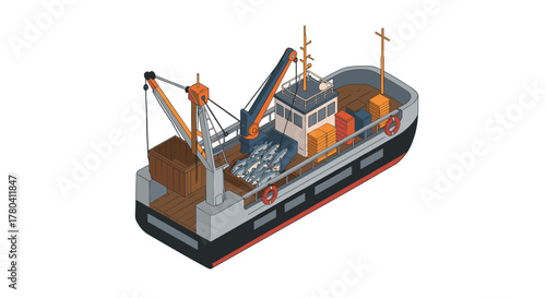 Isometric fishing trawler with cranes and cargo in oceanic setting