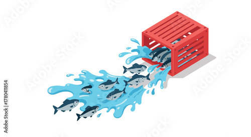 Isometric red box releasing fish with flowing water on white background